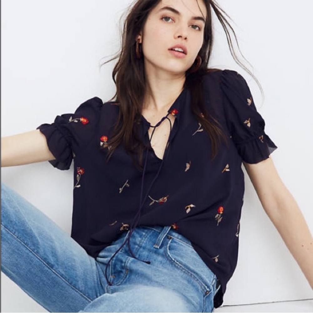 Madewell Embroidered Ruffle Sleeve Top xxs